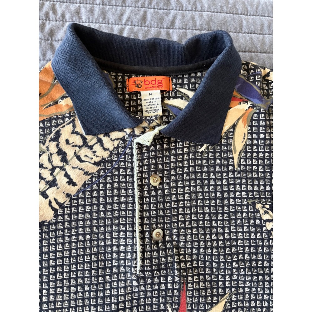 Urban Outfitters BDG Mens Bird of Paradise Floral Polo Shirt Navy Blue Medium - Picture 4 of 9